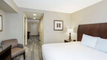 A hotel room with a bed, a chair, a nightstand, a lamp, and a framed picture on the wall.