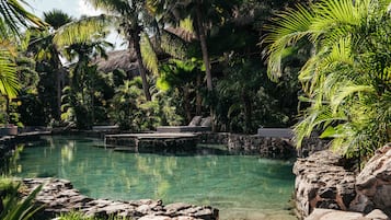 A clear pool surrounded by lush greenery and stone walls.