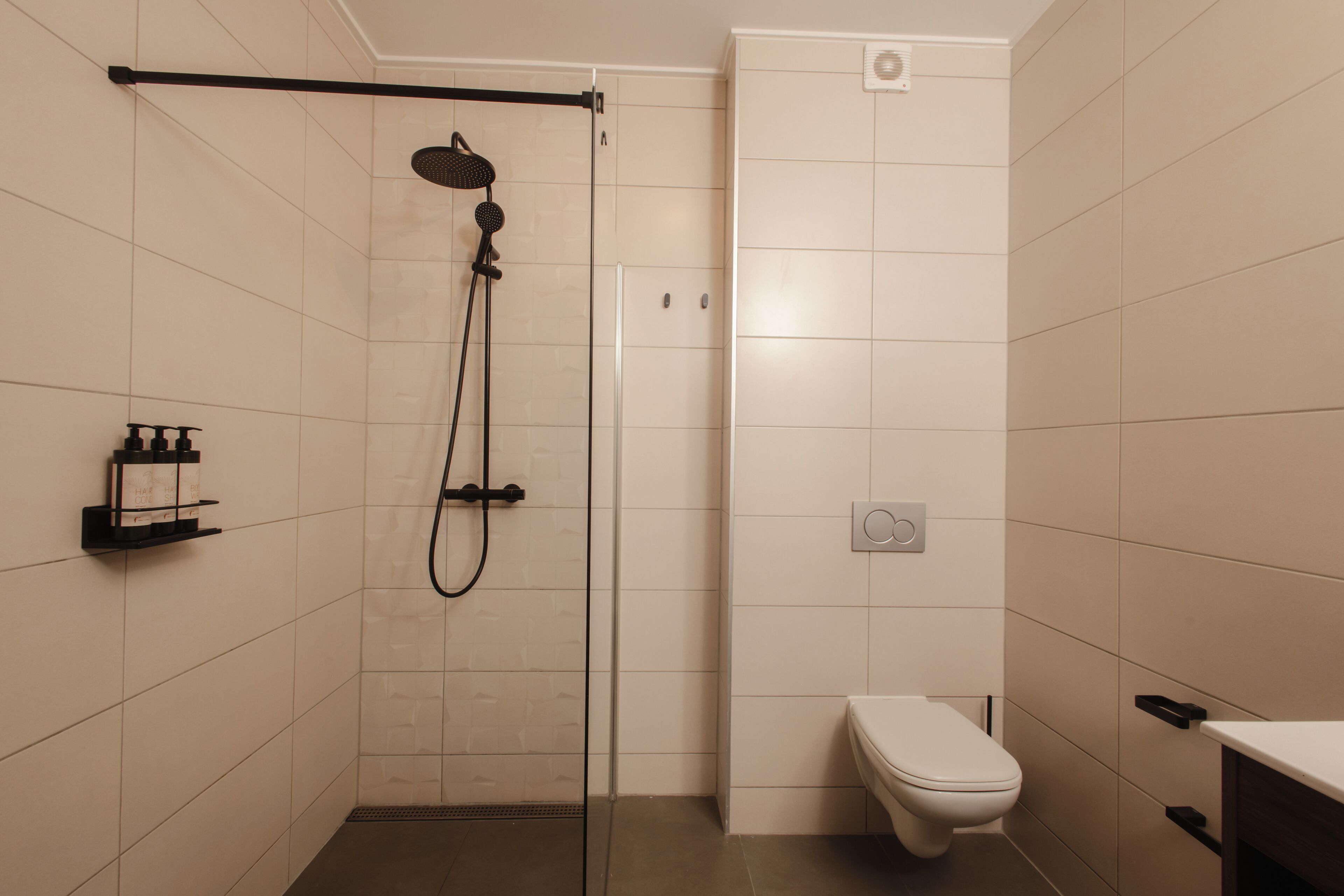 Een compacte, moderne badkamer met een douche, toilet en een plank met toiletartikelen.