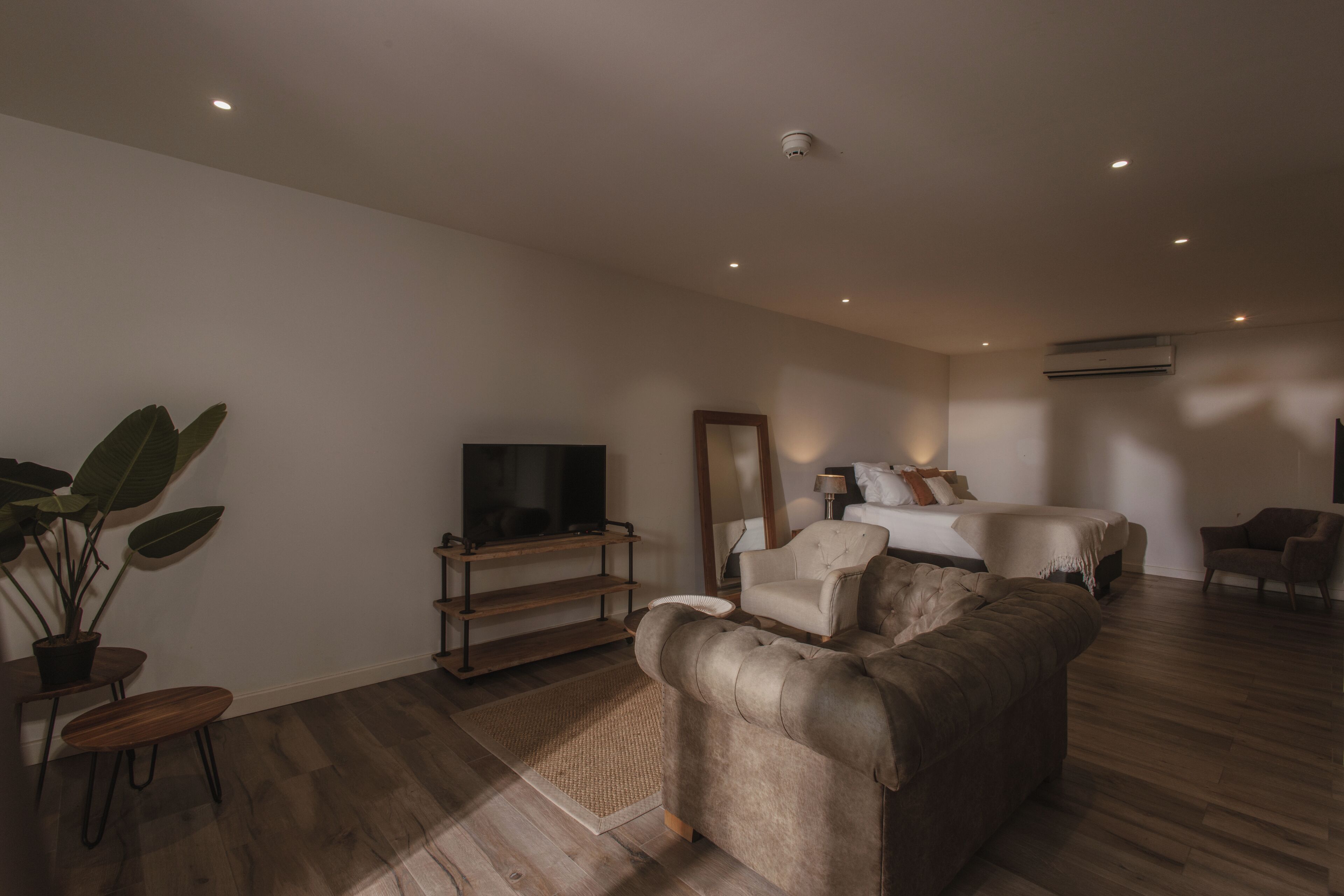 A spacious living room with a large sofa, a television on a wooden stand, a bed with a white headboard, and a potted plant.