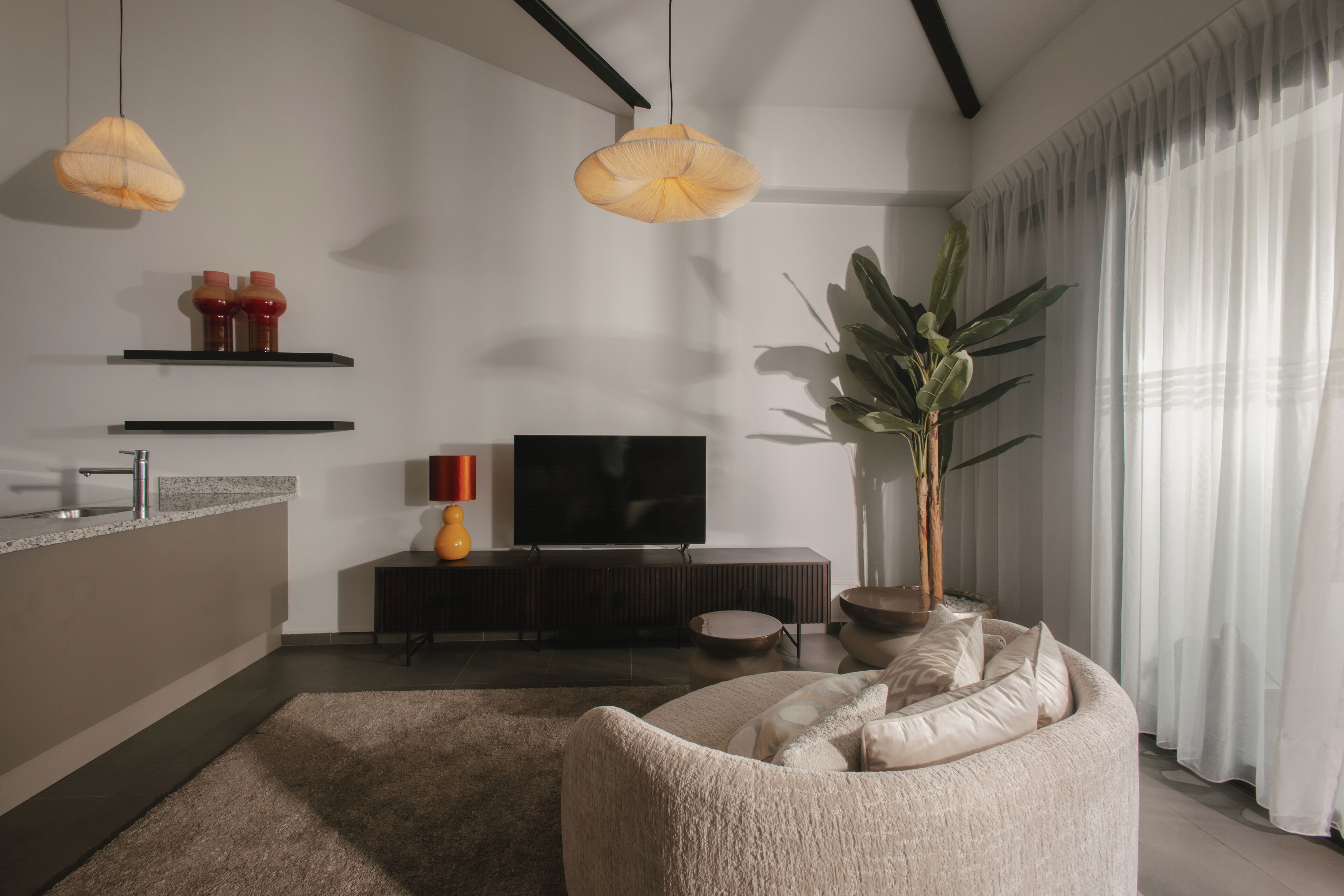 deluxe apartment, 2 bedrooms, sea view | living area | 43-inch smart tv with satellite channels, tv