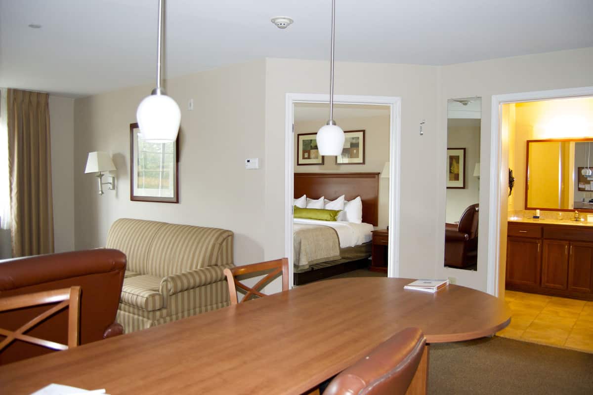 desk, laptop workspace, blackout curtains, iron/ironing board