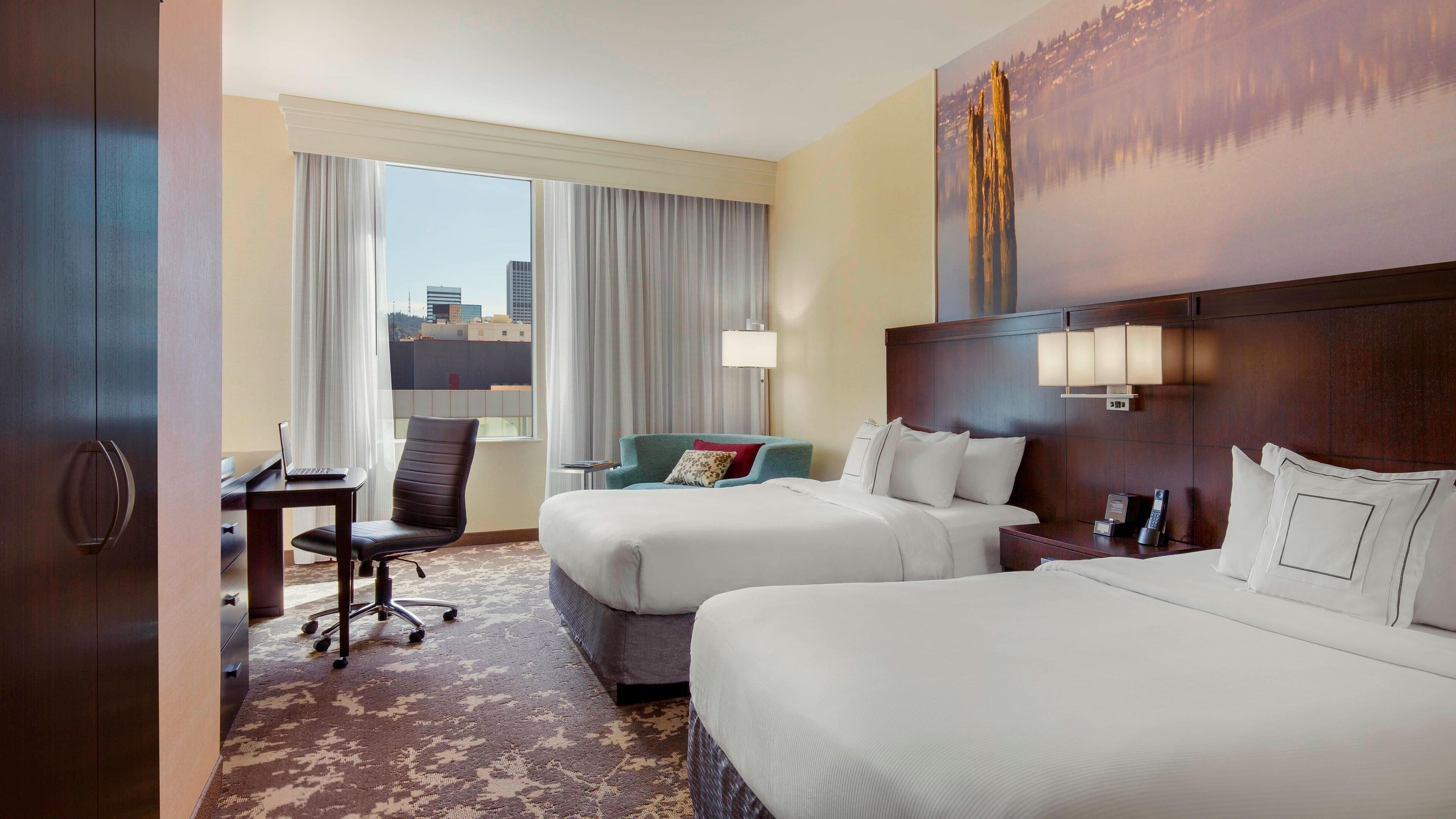 room, 2 queen beds | premium bedding, in-room safe, desk, laptop workspace