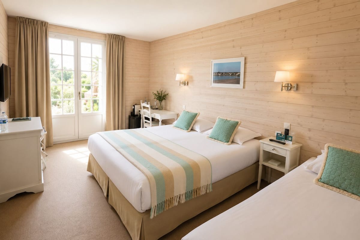 A hotel room with a large bed, bedside tables, a desk, and a window with curtains.