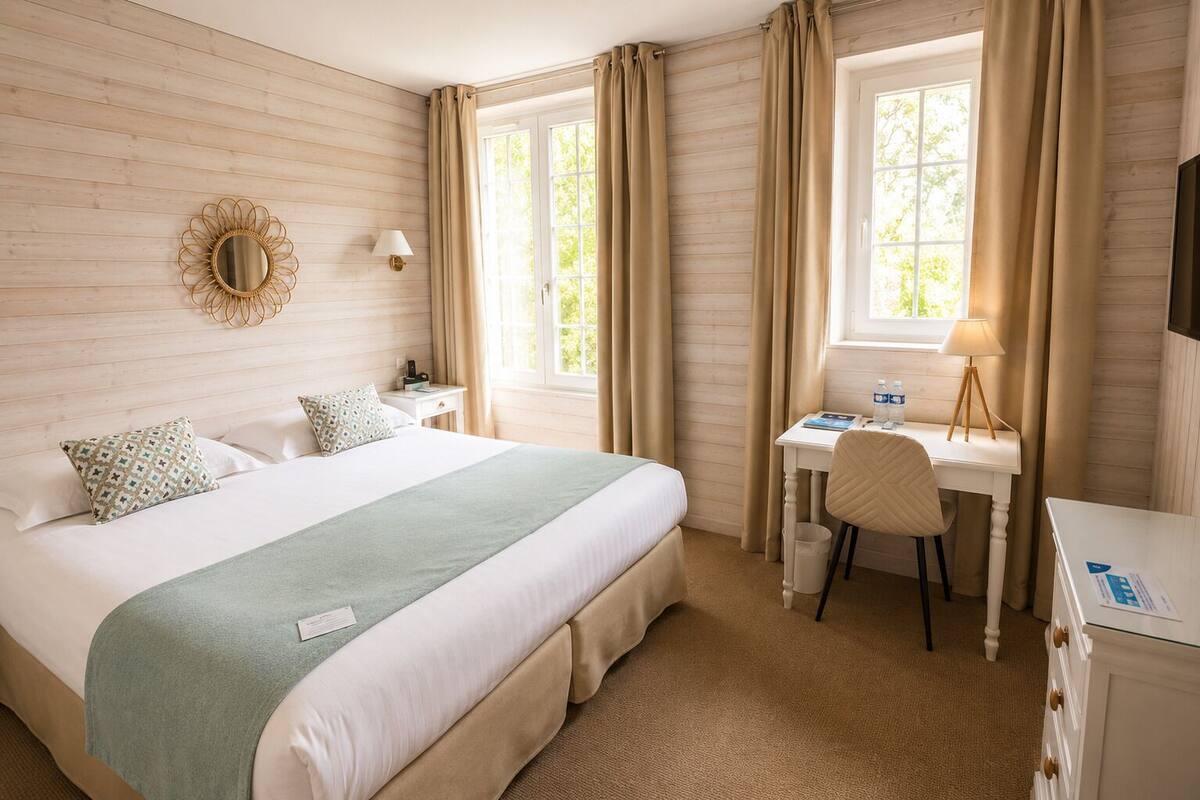 A hotel room with a large bed, a desk, a chair, a lamp, a mirror, and a window with curtains.
