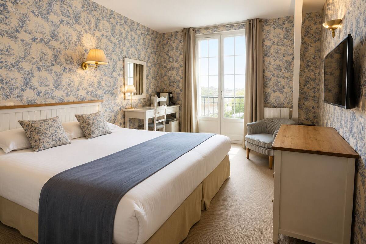 A hotel room with a large bed, a desk, a chair, a TV, and a balcony view.