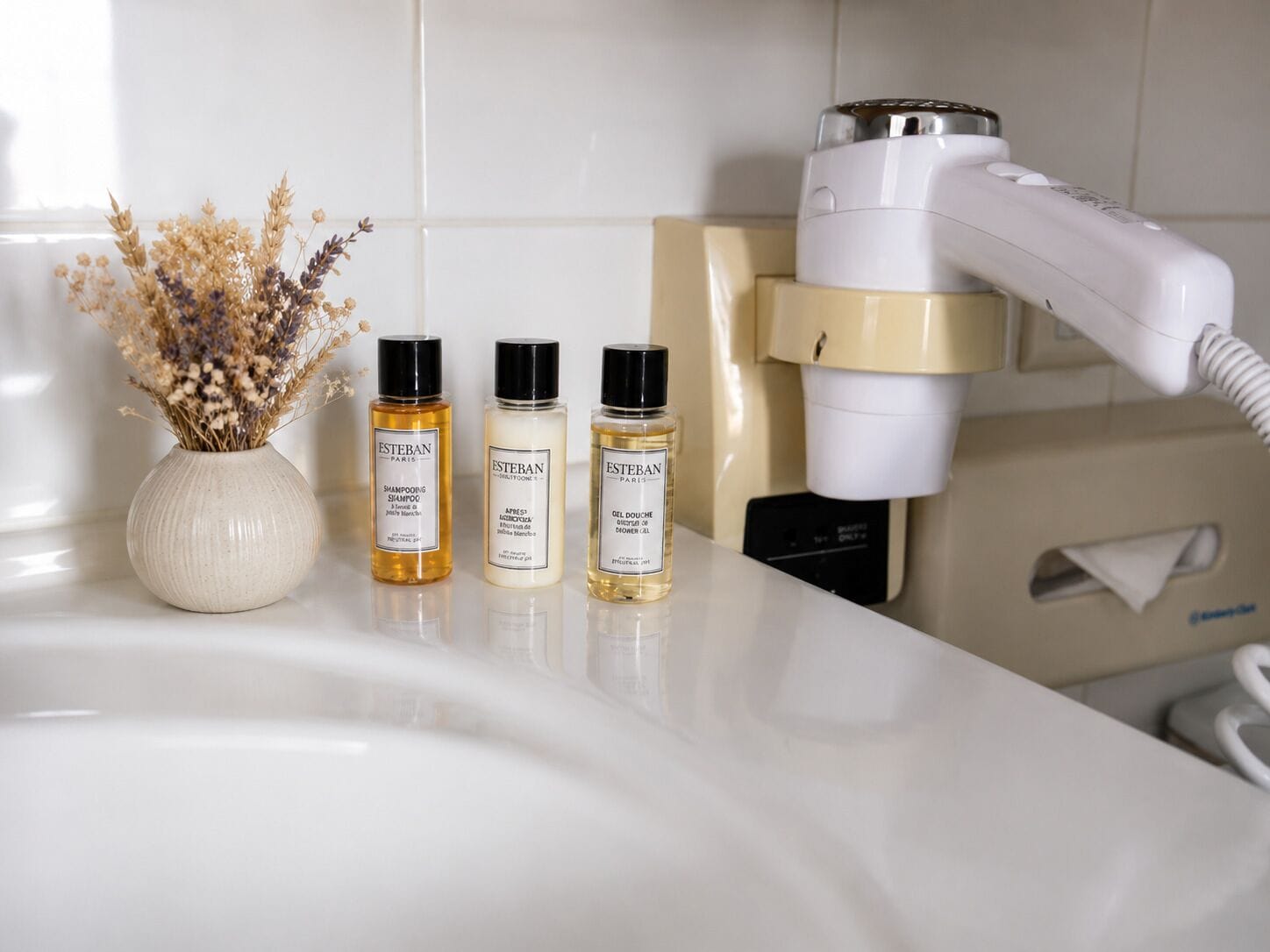 Een badkamer met een witte wastafel, drie producten van Esteban Paris, een haardroger en een vaas met gedroogde bloemen.