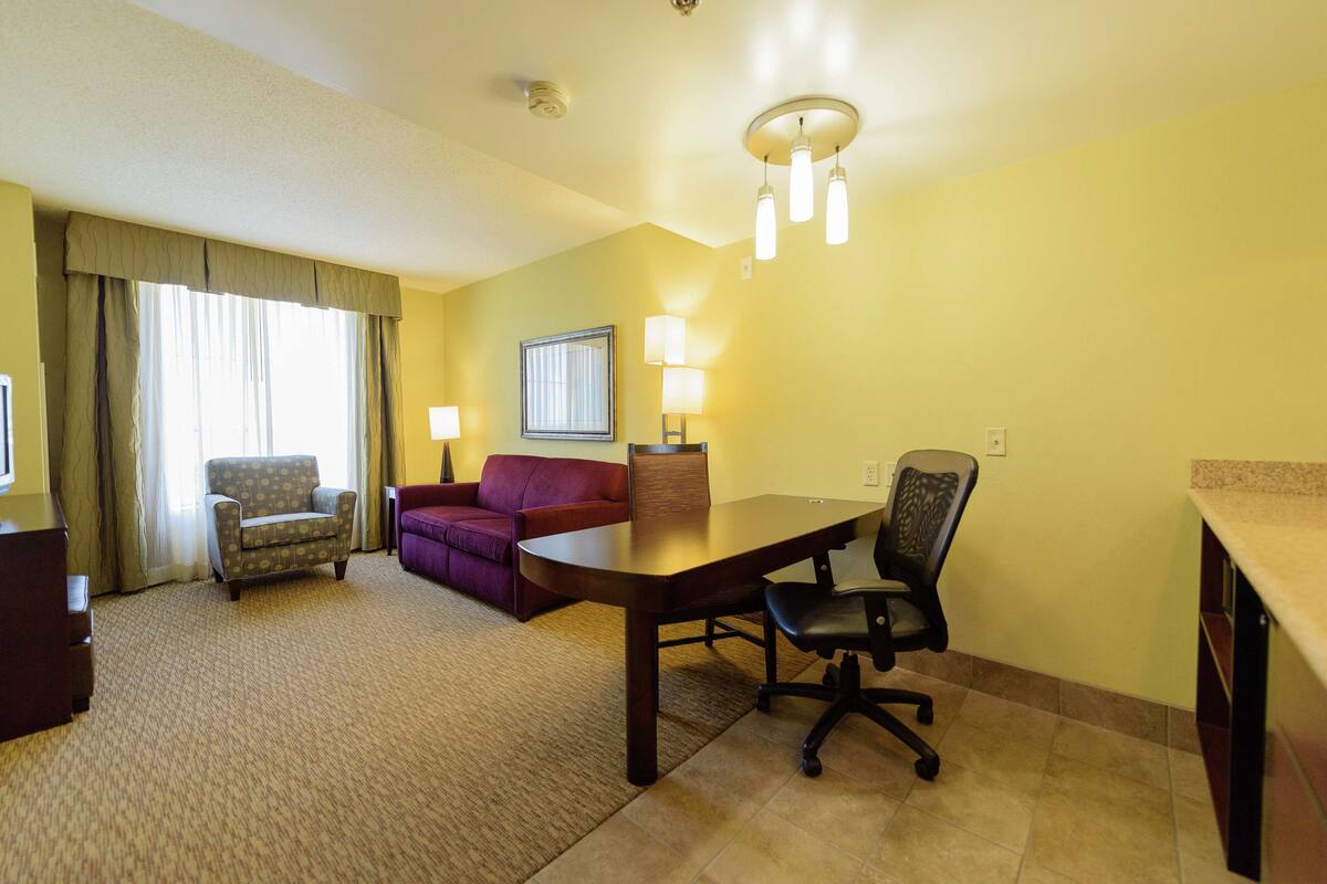 A hotel room with a large bed, a desk, a chair, a sofa, and a lamp.