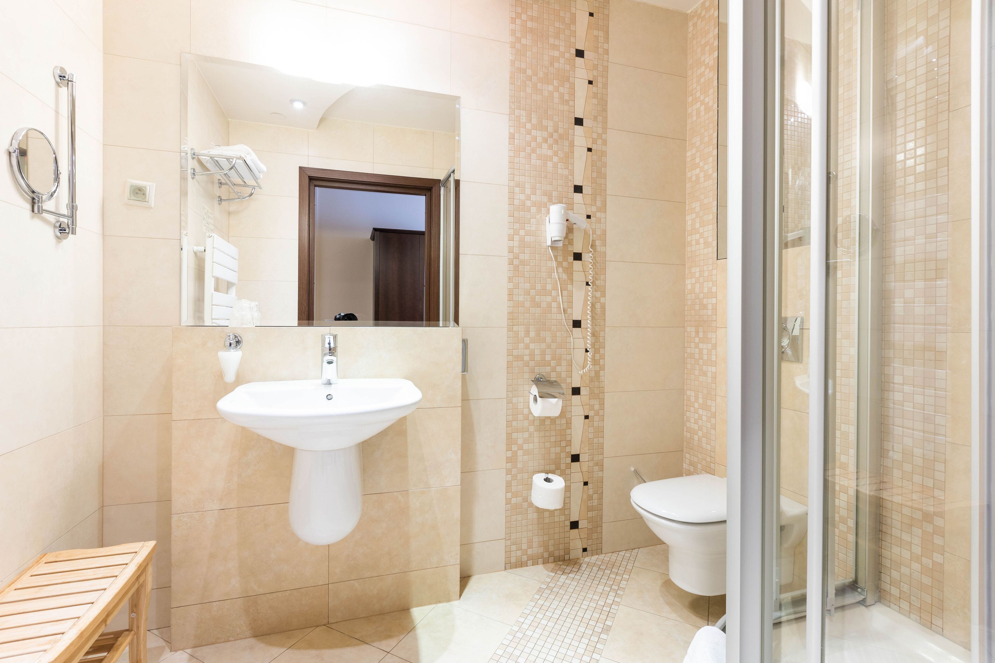 superior double room | bathroom | hair dryer, bathrobes, towels