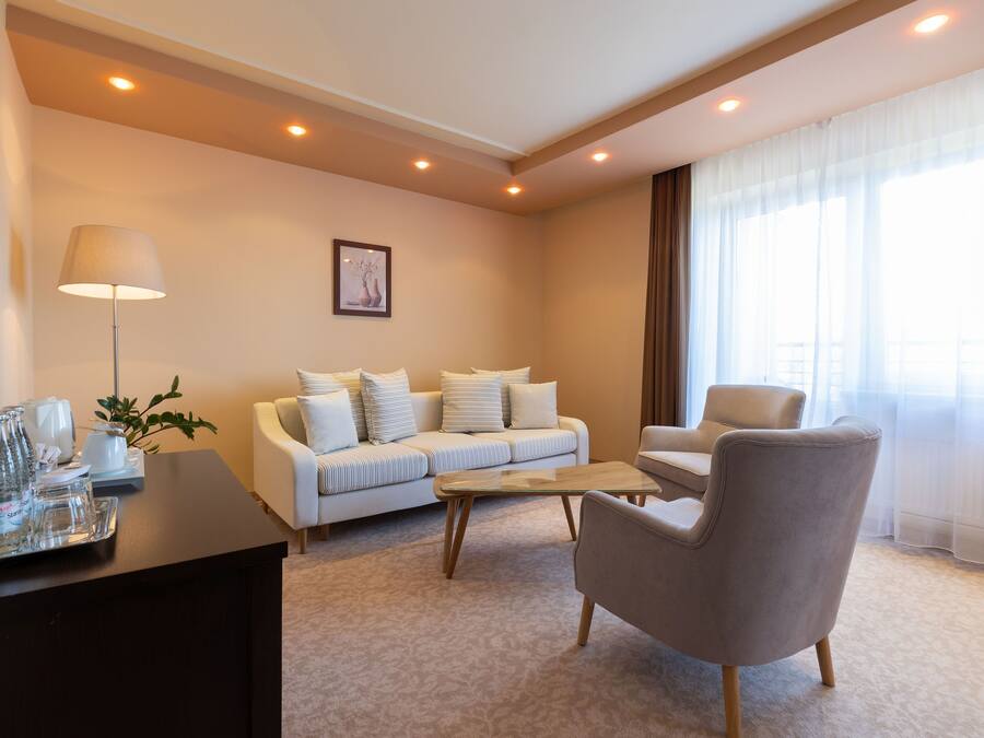 Ein modernes Hotelzimmer mit einer Couch, einem Sessel und einem Couchtisch. Es gibt einen Schreibtisch mit einer Lampe sowie eine Ablage mit Gläsern und einer Pflanze.