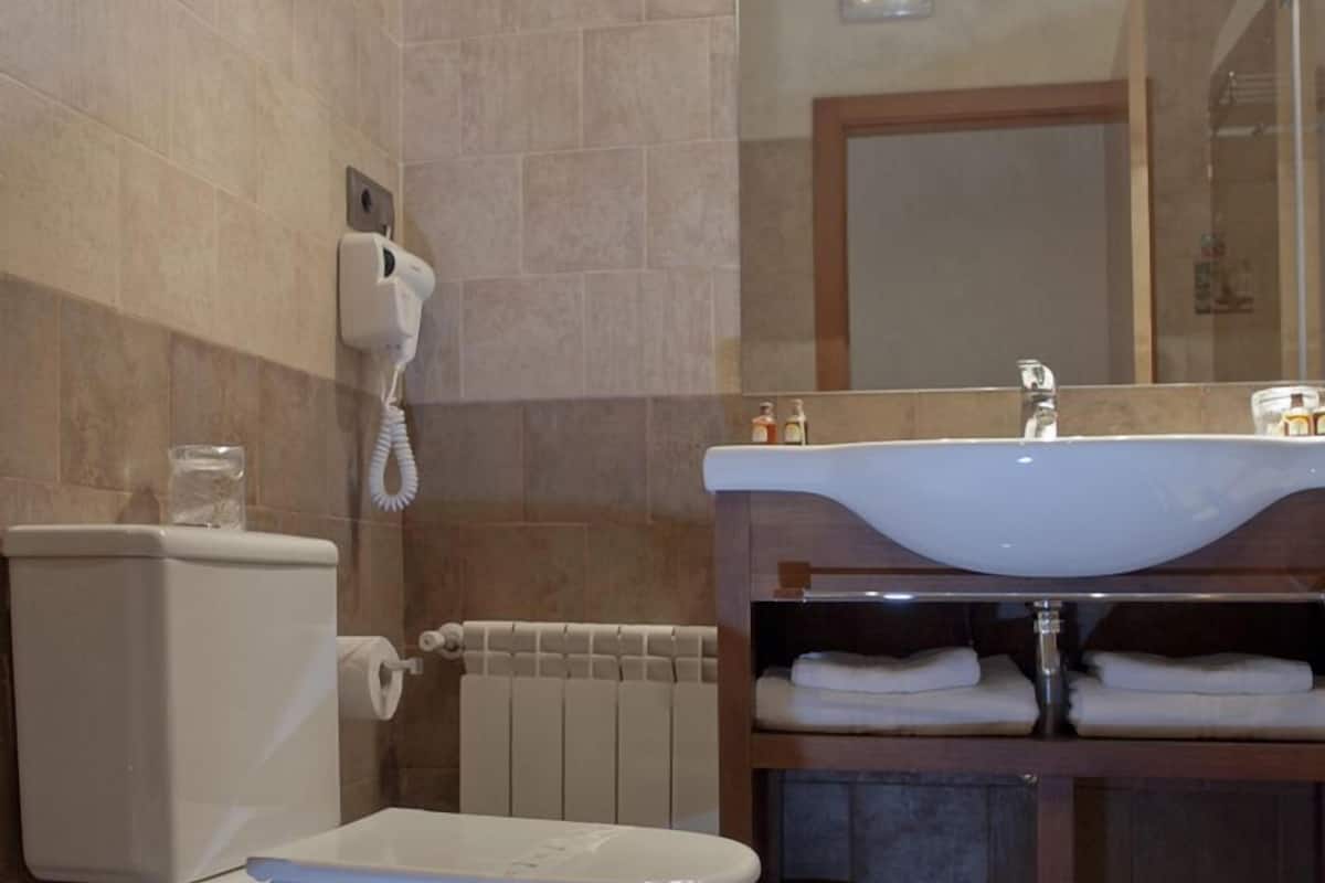 combined shower/bathtub, hair dryer, towels
