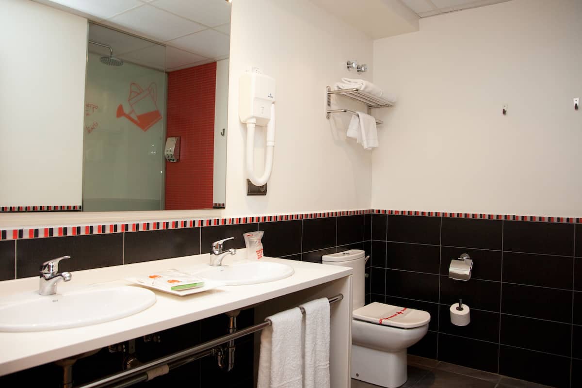 shower, eco-friendly toiletries, hair dryer, towels