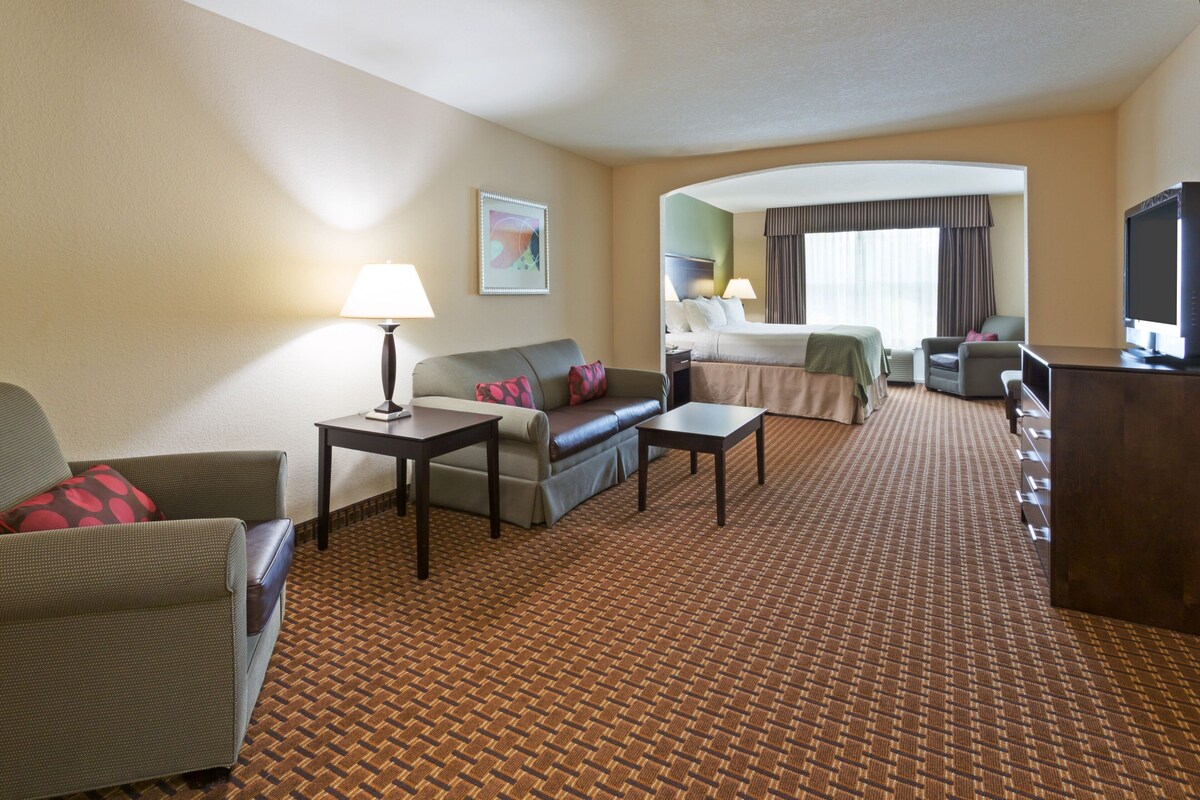 A hotel room with a sofa, a bed, a desk, a television, and a carpeted floor.