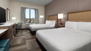 Habitación de hotel con dos camas, un escritorio, una silla, un televisor y ventana con vistas a la ciudad.