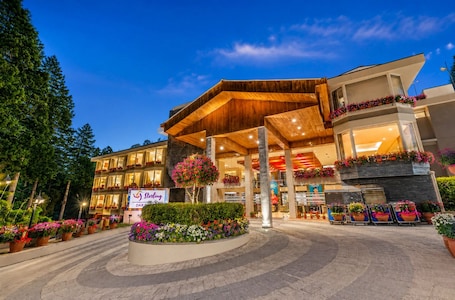 A hotel with a modern architectural design, featuring a prominent entrance with a wooden canopy, multiple balconies with flower arrangements, and a landscaped area with potted plants.. Sterling Darjeeling