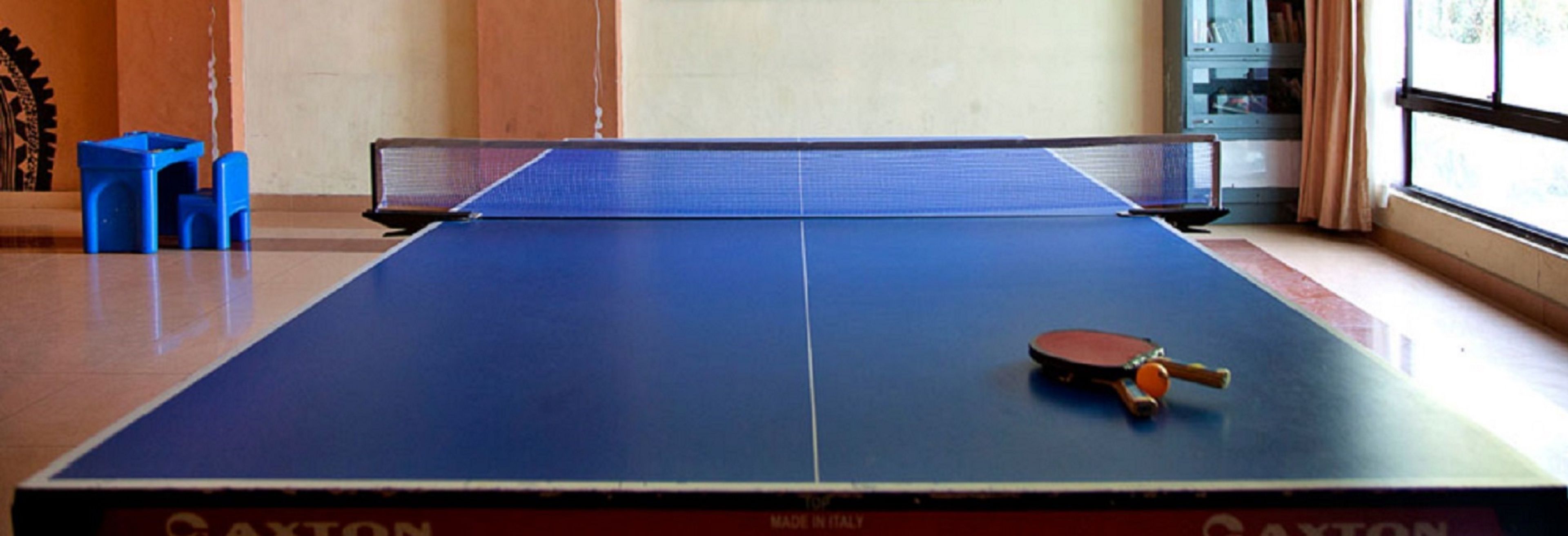 A ping pong table with a table tennis paddle in the center, a blue chair to the left, and a cabinet with books in the background.