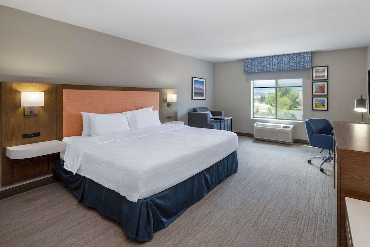A hotel room with a large bed, a desk, a chair, a window with a view, and a wall-mounted heater.
