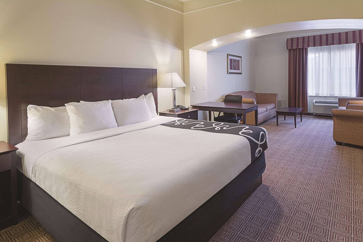 Habitación de hotel con una cama grande, un escritorio, una silla y un sofá.