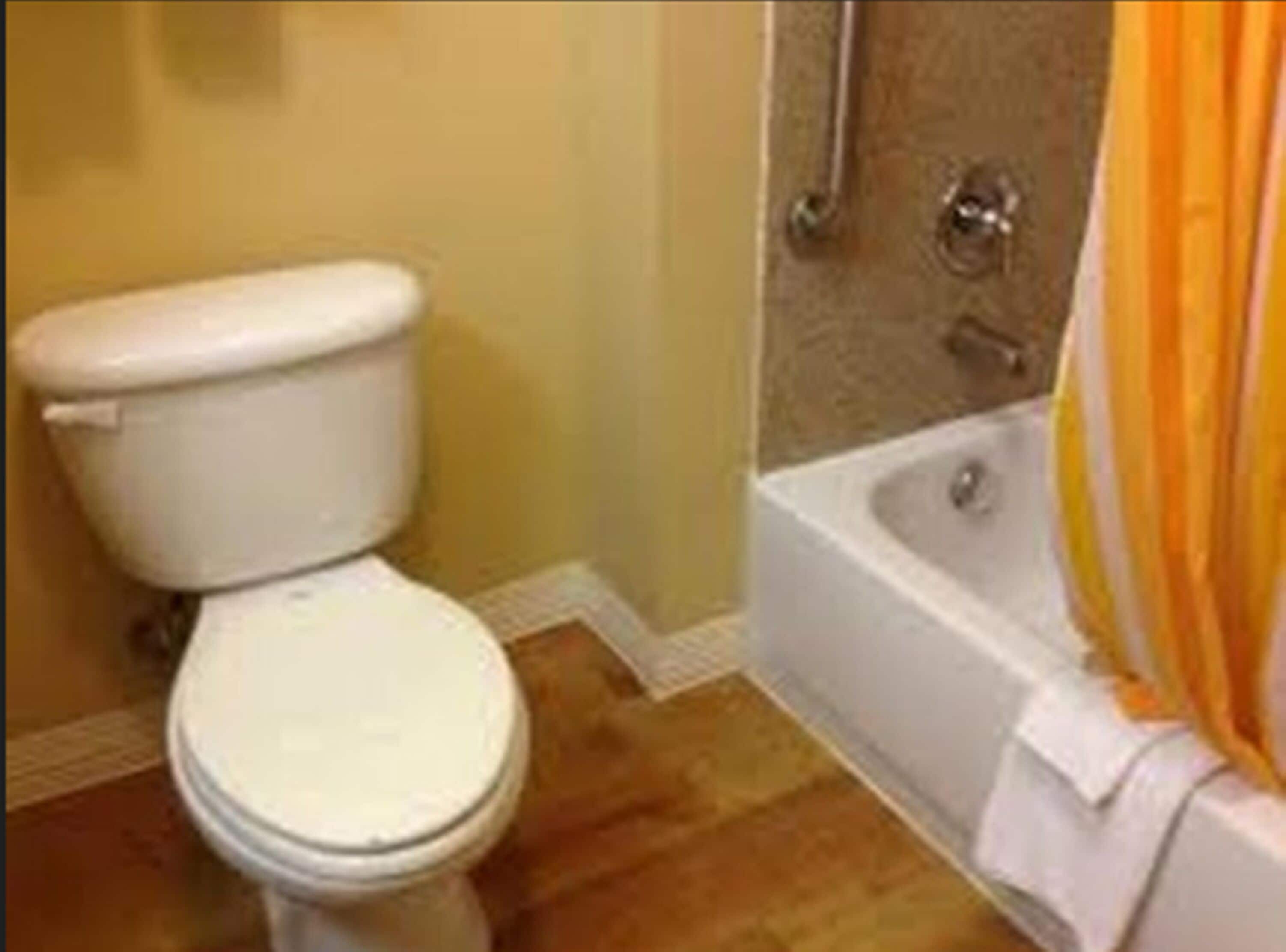 A bathroom with a toilet and a bathtub.