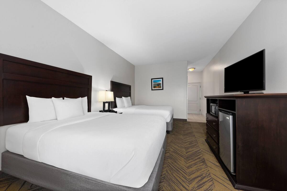 A hotel room with two beds, a TV, a microwave, and a refrigerator.