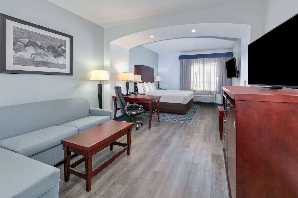 Een hotelkamer met een bed, een bureau, een bank, een televisie en een ingelijst schilderij aan de muur.