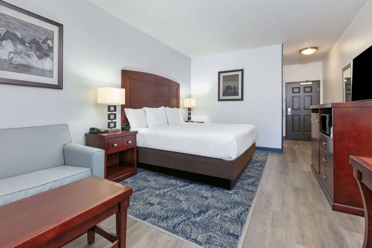 Een hotelkamer met een bed, een bureau, een stoel, een televisie en een deur.
