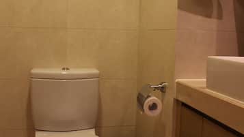 A bathroom with a toilet, a trash can, a framed picture on the wall, and a mirror above the sink.