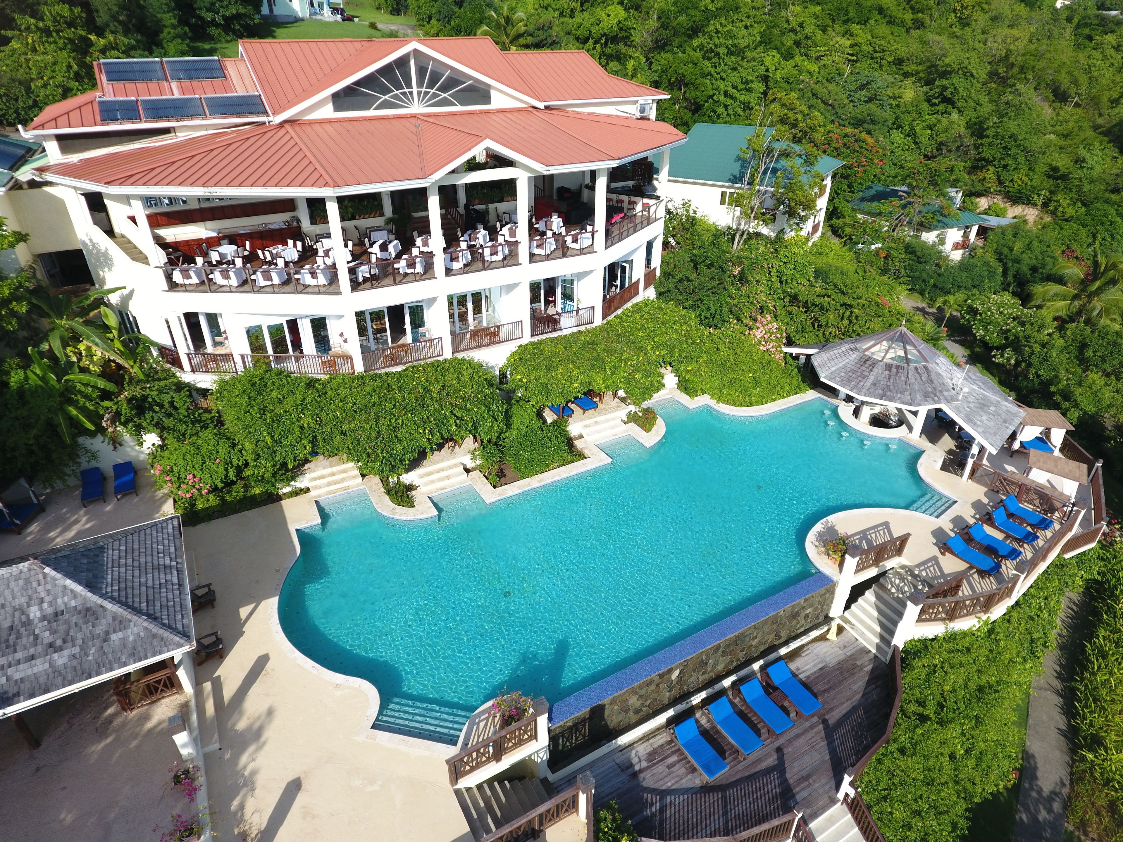 Outdoor pool, pool umbrellas, pool loungers