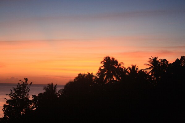 A sunset over a coastal area with silhouettes of palm trees and a clear sky. - Calabash Cove Resort And Spa - Adults Only (Gros Islet)
