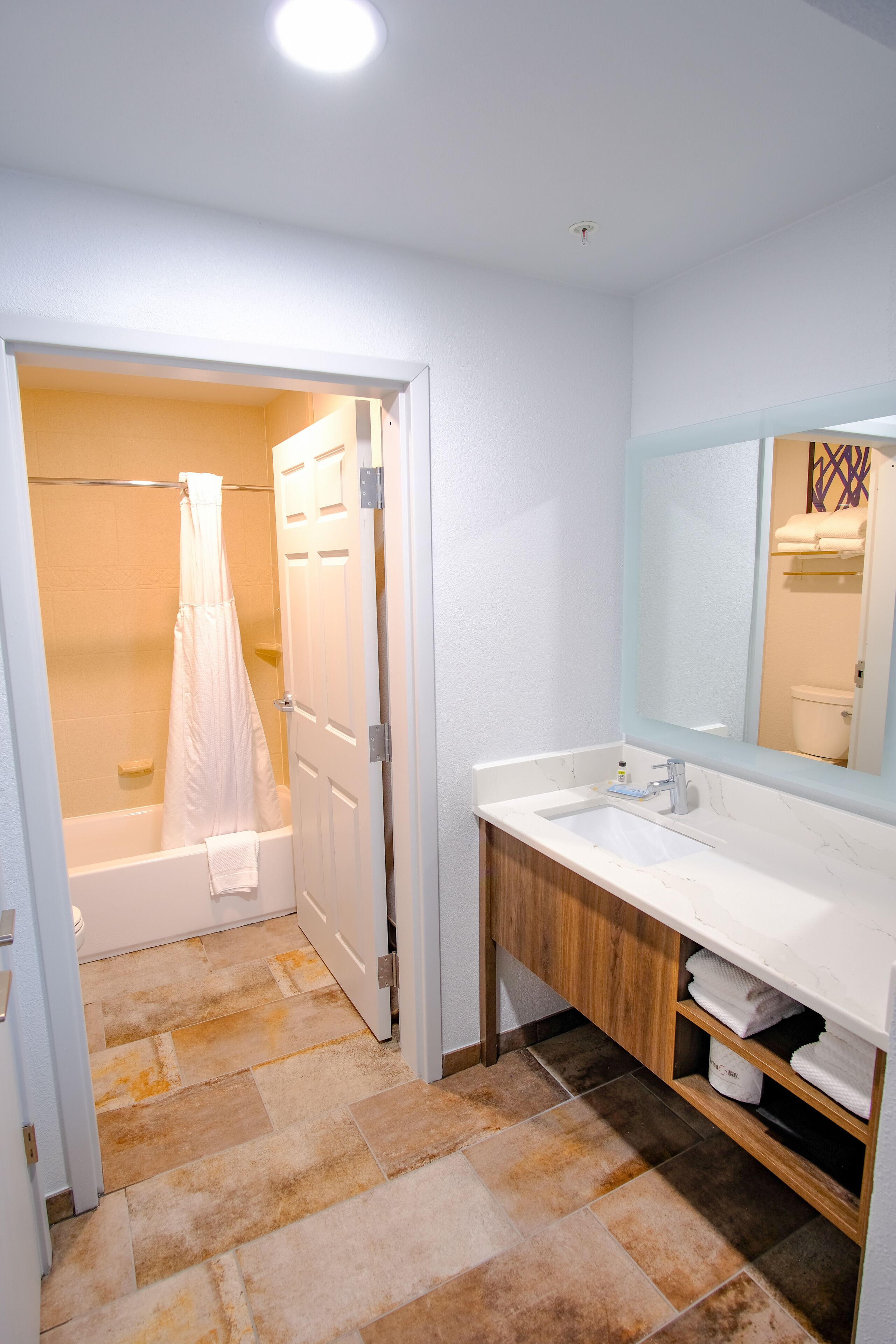 A bathroom with a shower, a sink, and a mirror.
