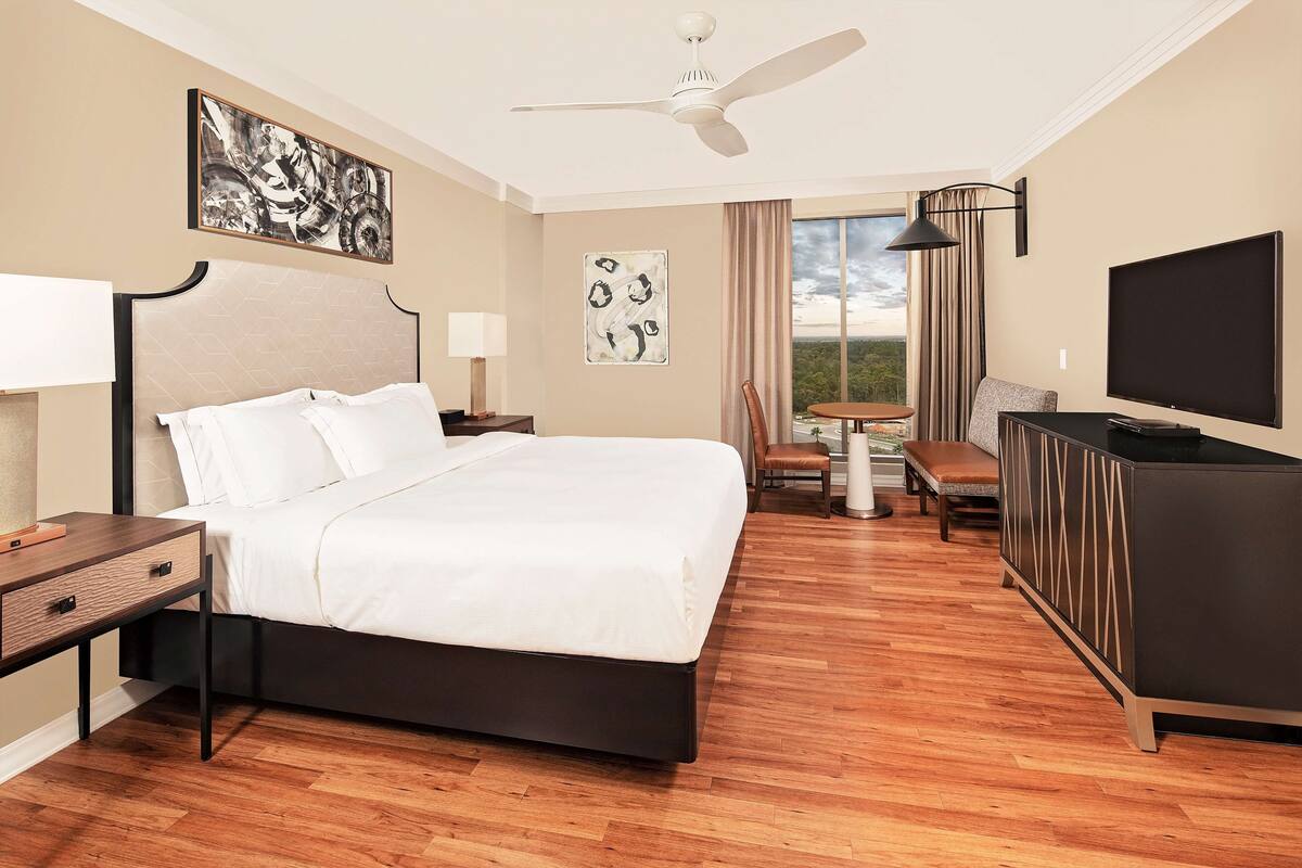 Ein Hotelzimmer mit Bett, Schreibtisch, Stuhl, Fernseher und einem Balkon mit Blick.