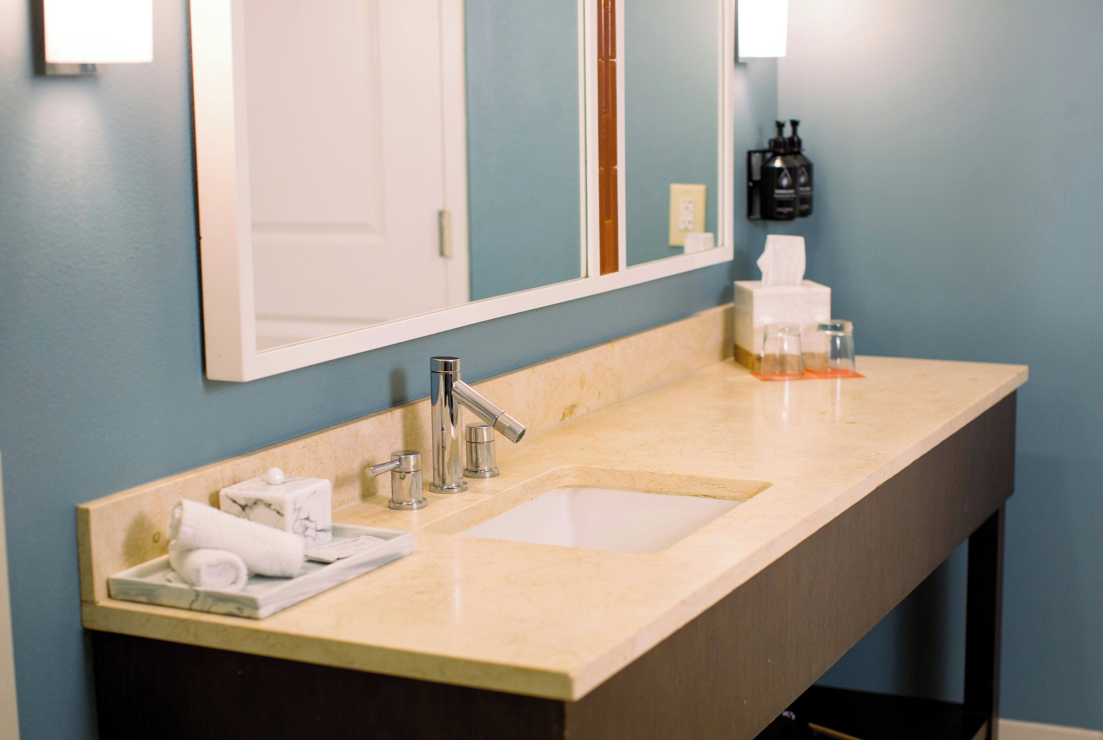 A bathroom with a double sink, a mirror, a towel rack, and a tissue dispenser.