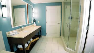 Shower, rainfall showerhead, designer toiletries, hair dryer