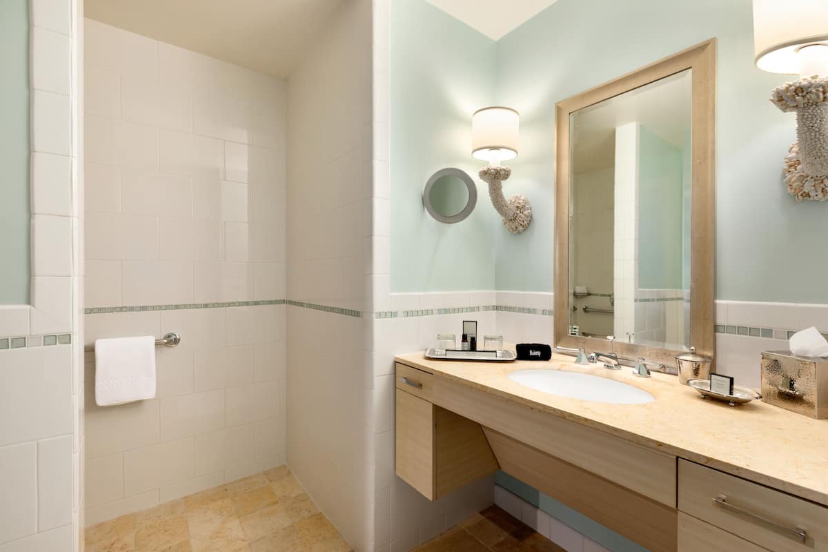 Separate tub and shower, deep soaking tub, free toiletries, hair dryer