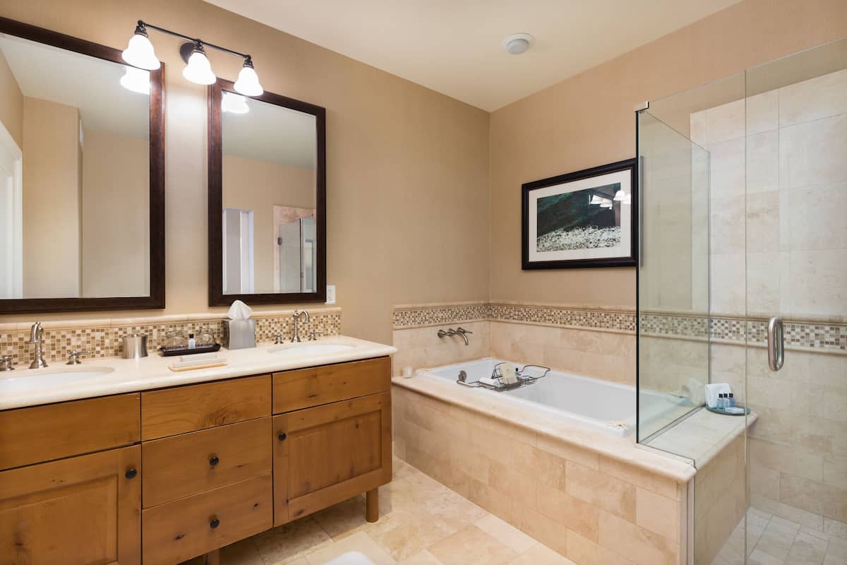 Separate tub and shower, deep soaking tub, free toiletries, hair dryer