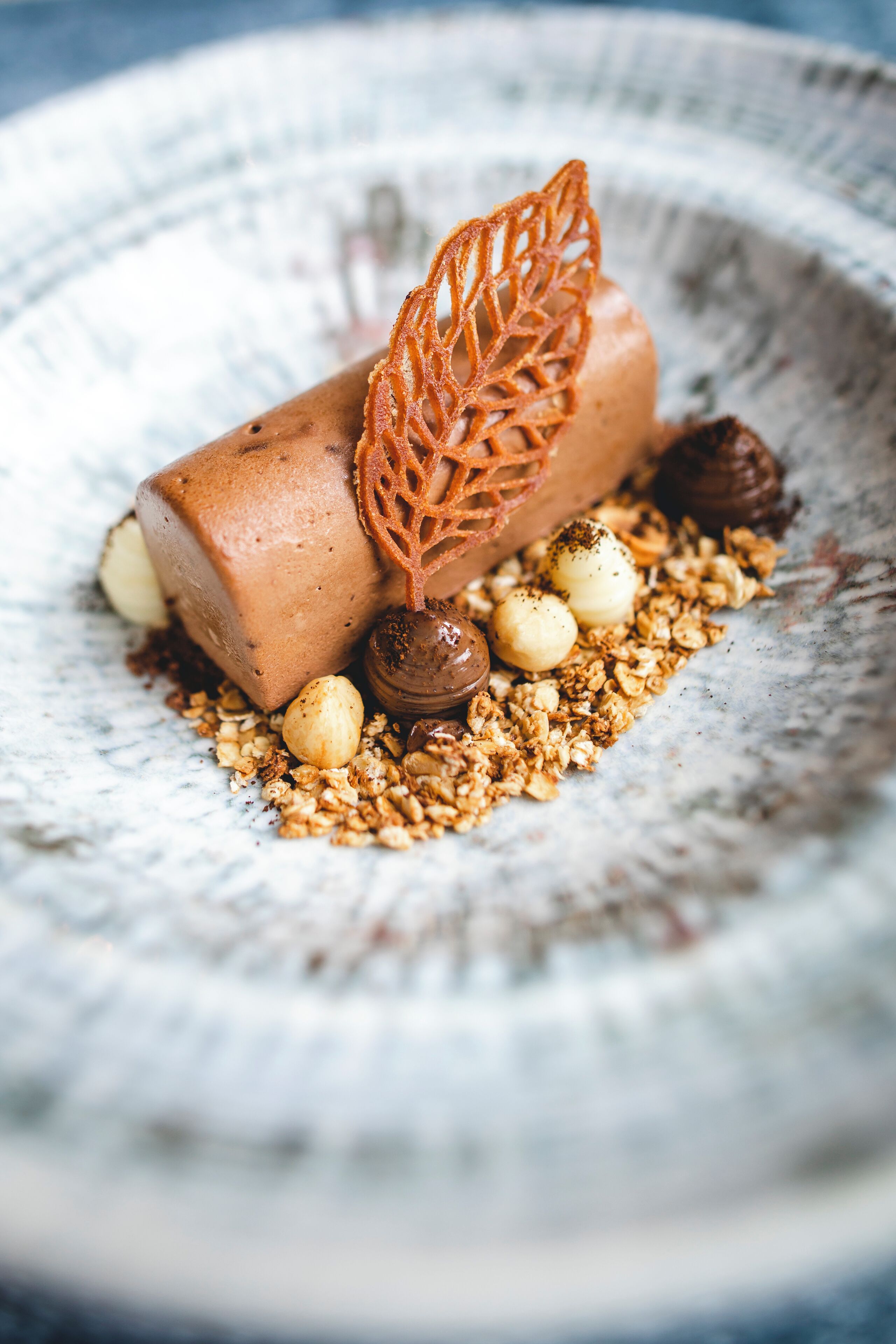 Un postre con una hoja caramelizada sobre un plato de granola y bolas de chocolate.
