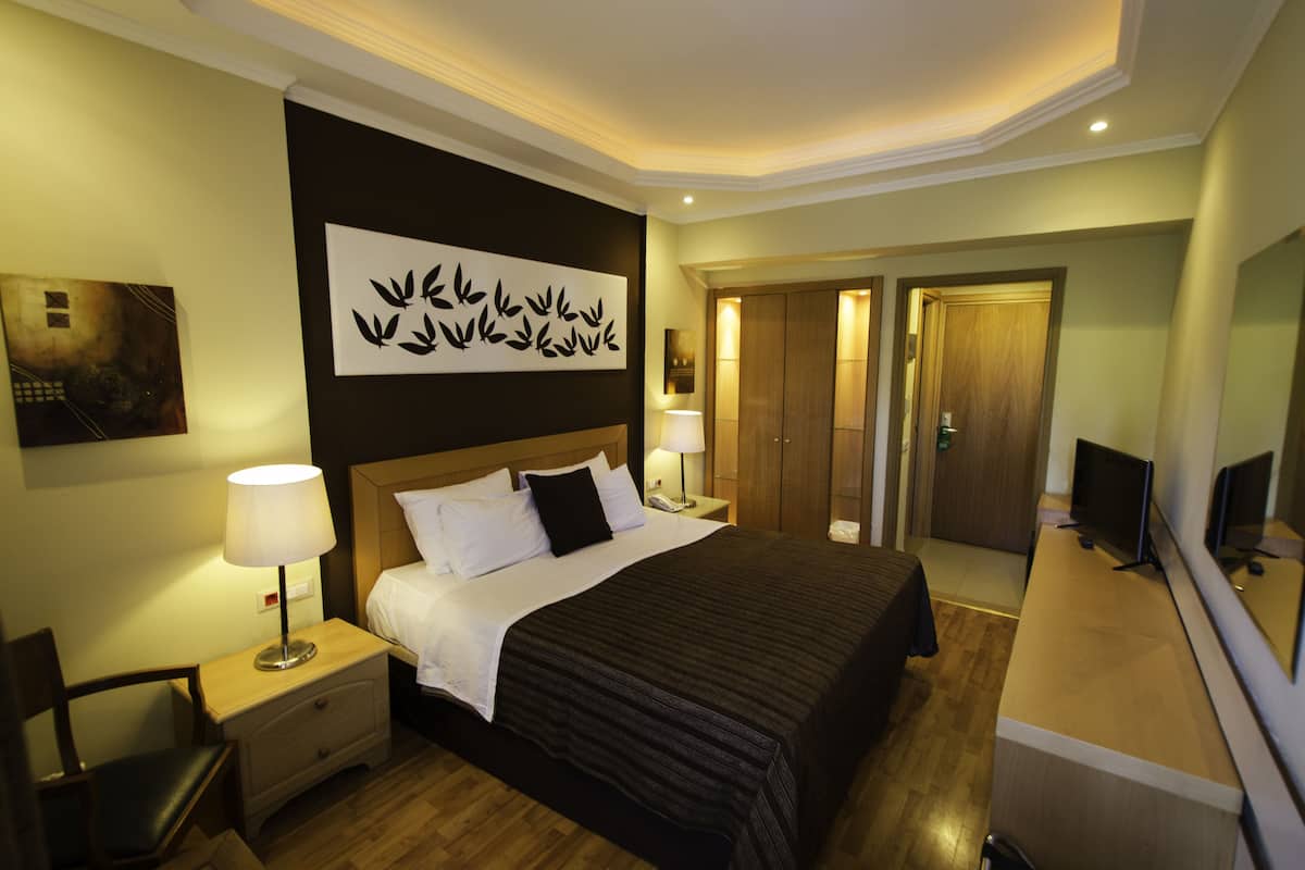 Habitación de hotel con una cama grande, lámparas de noche, un televisor de pantalla plana, un escritorio de madera y un espejo.