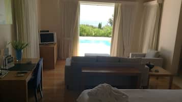 A hotel room with a bed, a sofa, a desk, a TV, and a view of a pool.