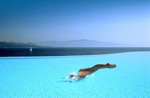 Seasonal outdoor pool, pool umbrellas, pool loungers