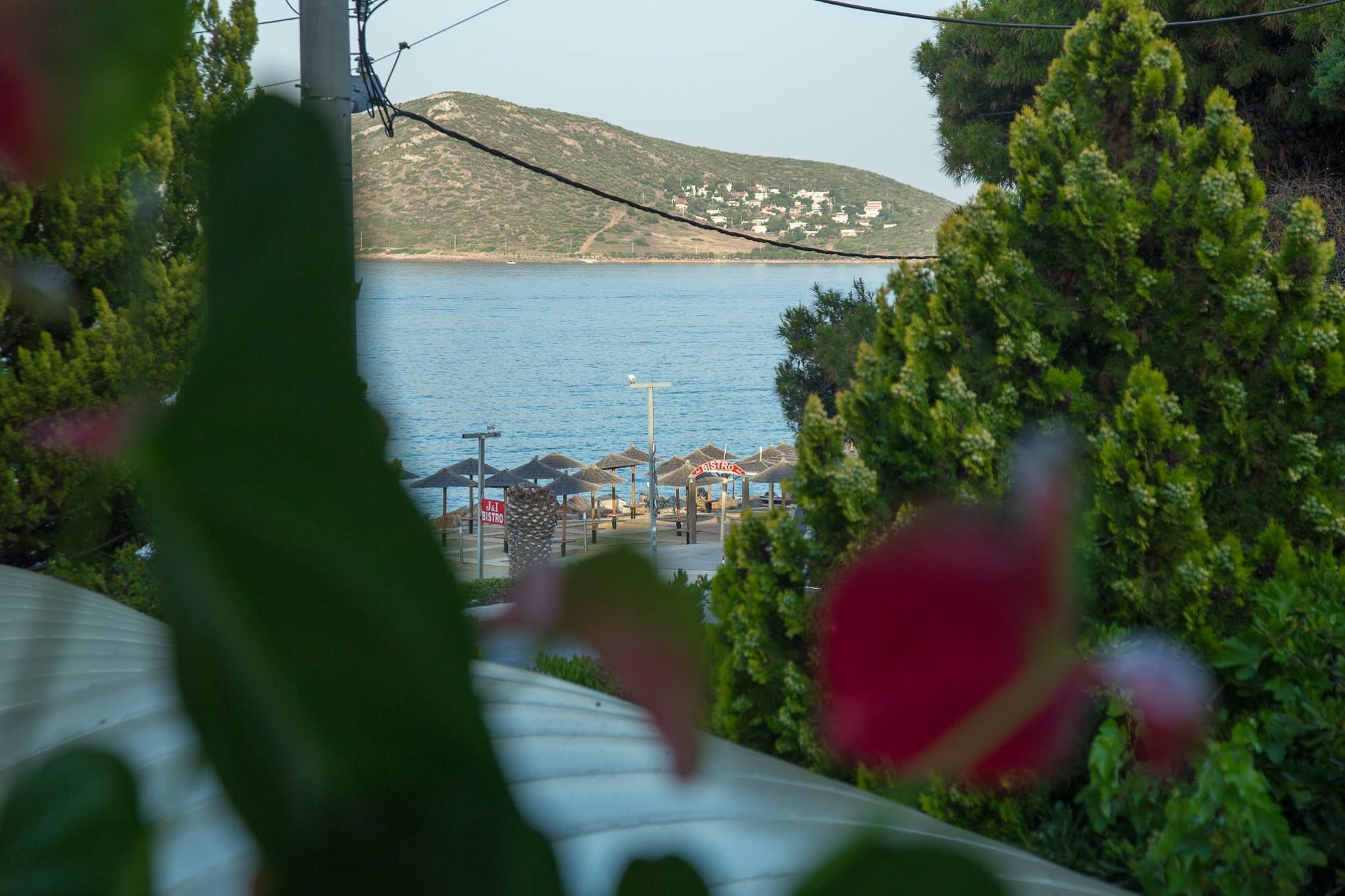 A coastal view with a beach area, including umbrellas and a sign that reads "All You Need."