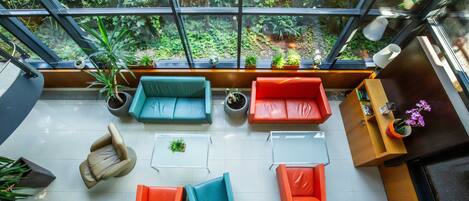 A modern interior with a glass ceiling, multiple seating areas, and a variety of plants.