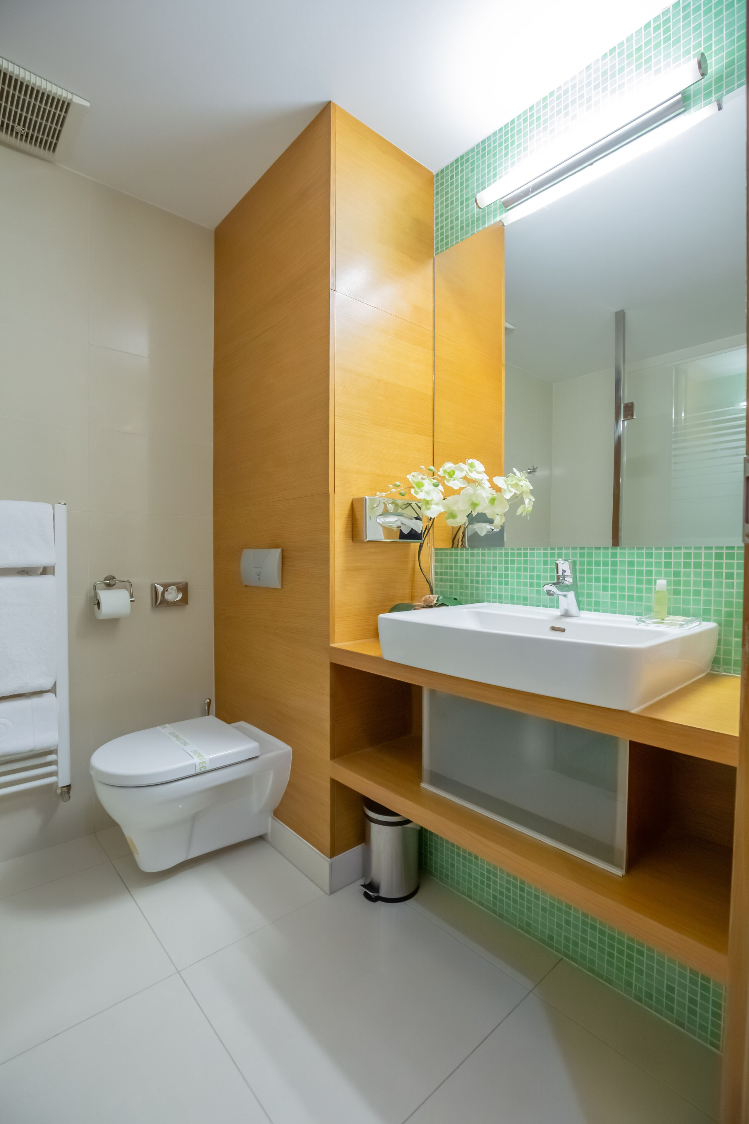 business single room | bathroom | hair dryer, towels