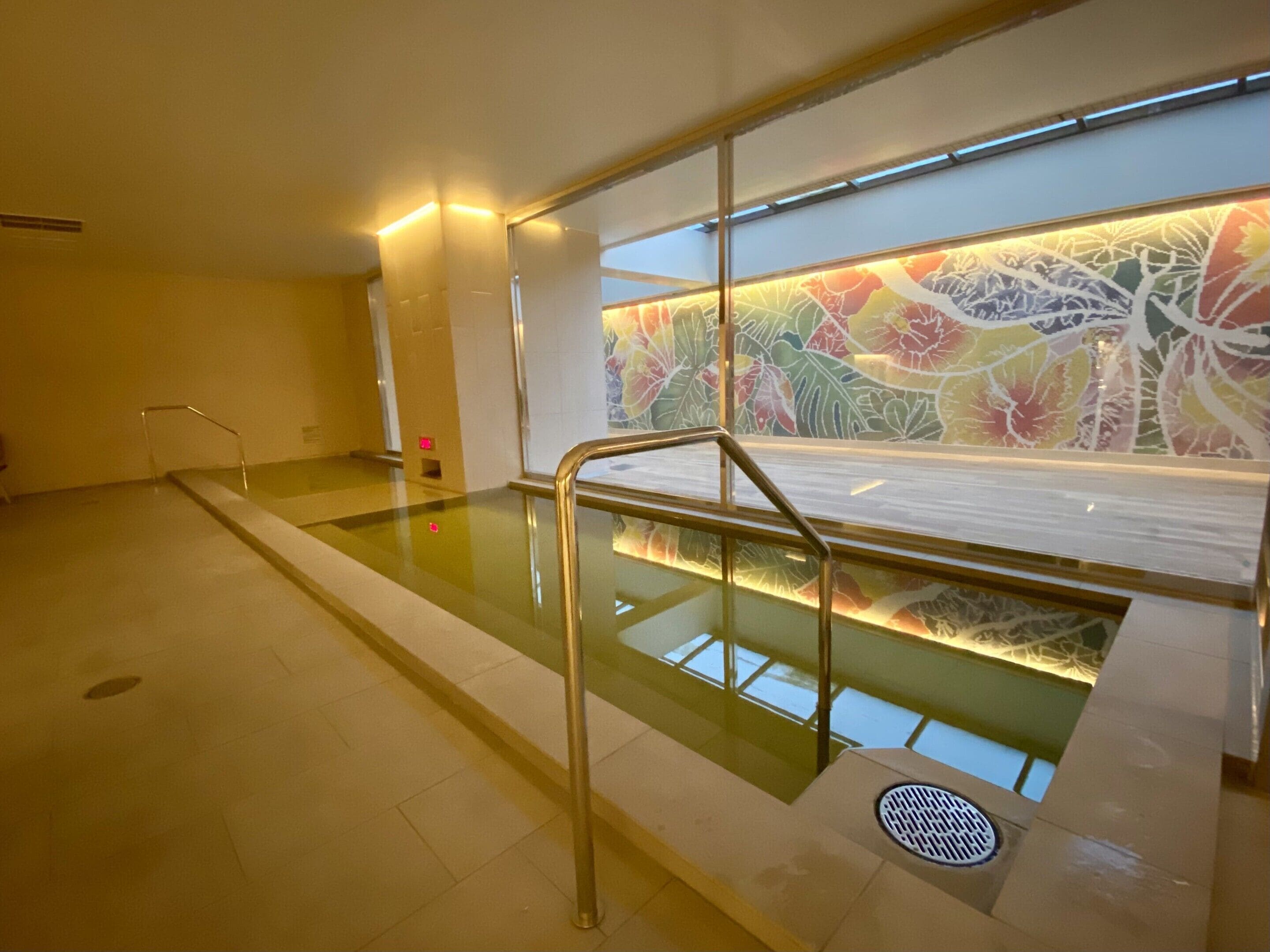 A modern indoor pool area with clear glass walls, a metal handrail, and a colorful abstract mural on the wall.