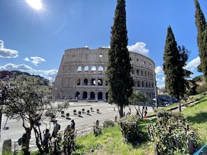 Un coliseo histórico con múltiples arcos y una cúpula central, rodeado de vegetación y senderos.