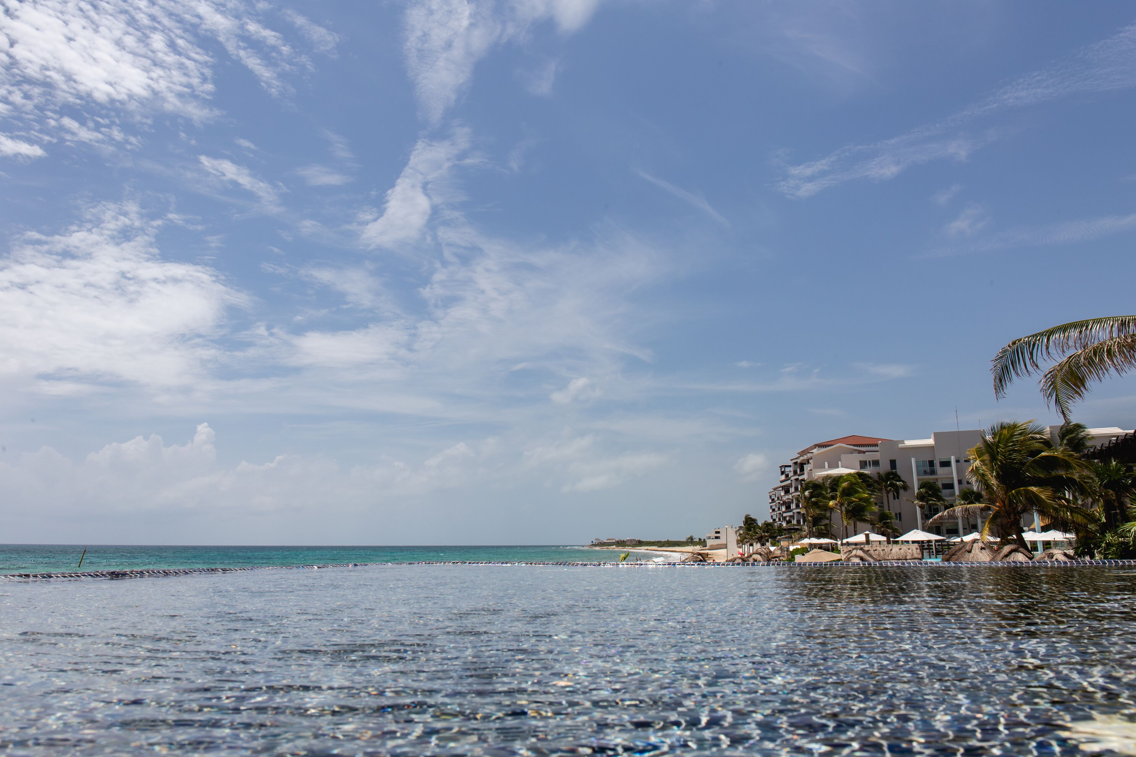 Un hotel frente a la playa con piscina, palmeras y cielo despejado.