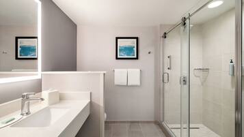 A modern bathroom with a large mirror, two sinks, a shower, and two framed pictures on the wall.