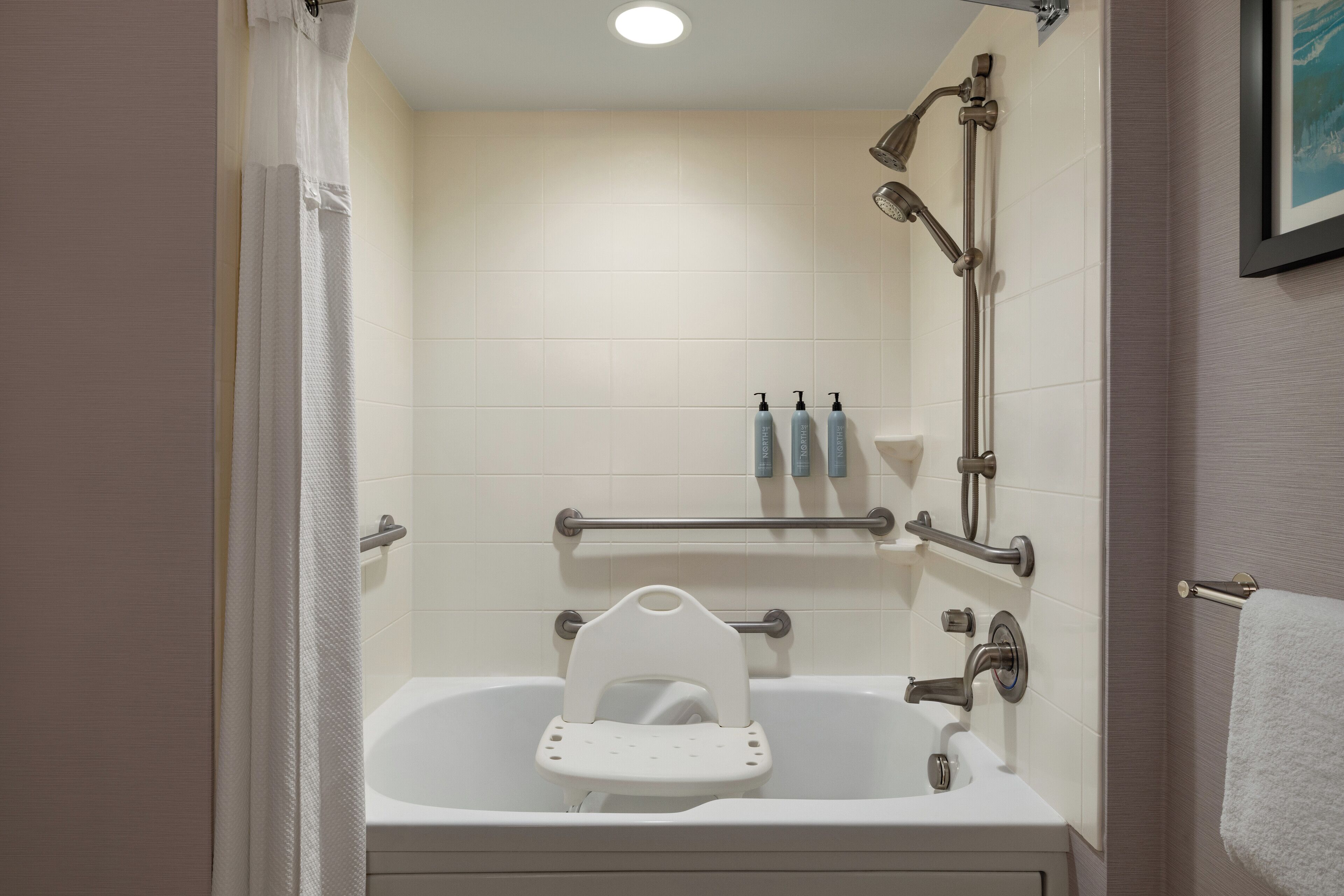 combined shower/bathtub, free toiletries, hair dryer, towels