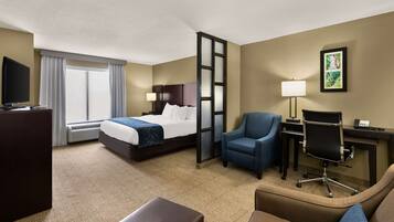 Premium bedding, pillow-top beds, desk, laptop workspace