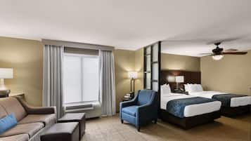 Premium bedding, pillow-top beds, desk, laptop workspace