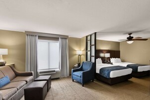 Premium bedding, pillowtop beds, desk, laptop workspace